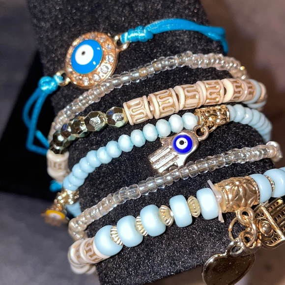 6 pc Yoga Evil Eye Mix Matched Beautiful Bracelet Boho Chic Hippie Retro Vibe! - Picture 1 of 7